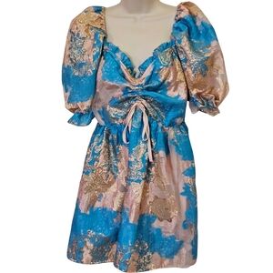 Buddy Love Turqoise Blue/ Gold Floral Ruched Chest Puff Sleeve Baby Dress,Medium
